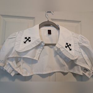 White Cropped Blouse with Black Cross Embroidery